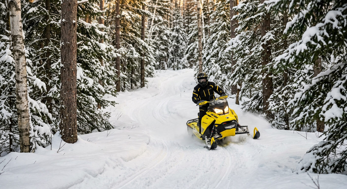 A rider maneuvering a yellow Skidoo snowmobile through a narrow, snow-covered forest trail in Todd County