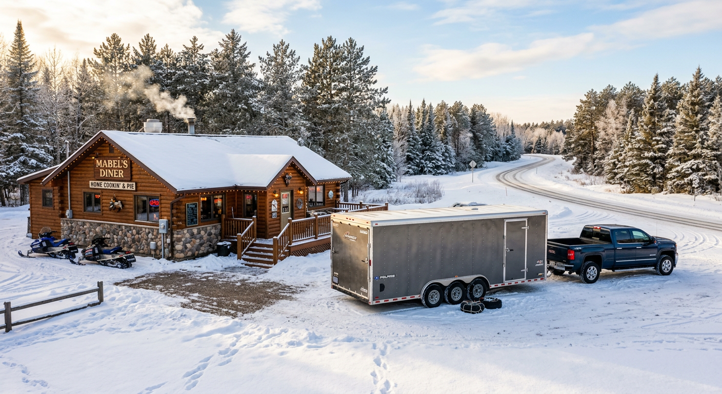 A large enclosed snowmobile trailer parked near a snow-covered roadside diner in central Minnesota