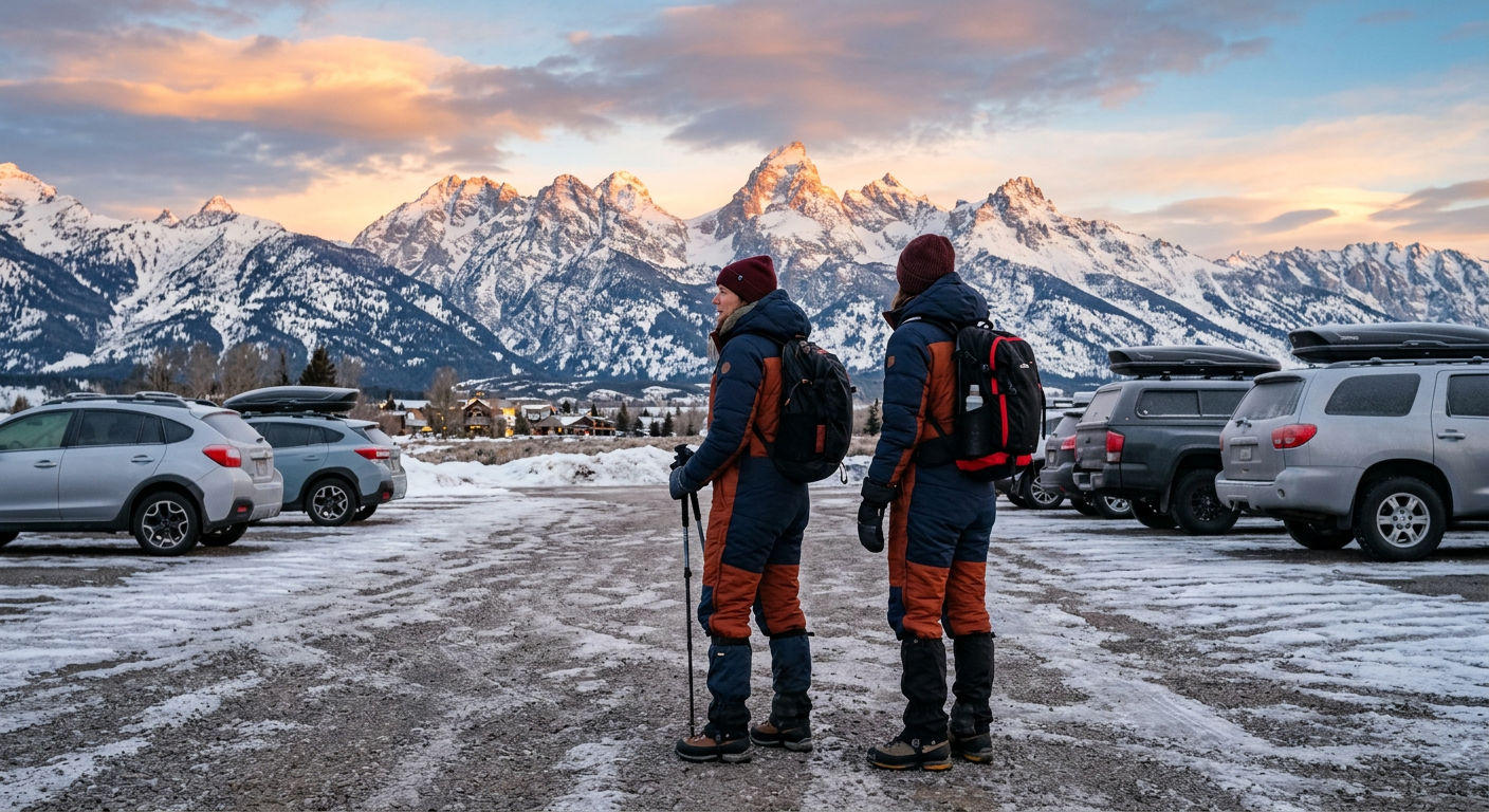 A person wearing a thick snowsuit standing in a frosty parking lot at dawn in Jackson Hole