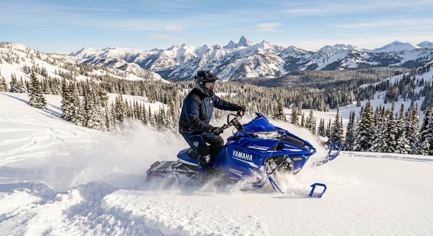A rider navigating a blue snowmobile through deep powder in the Wyoming backcountry