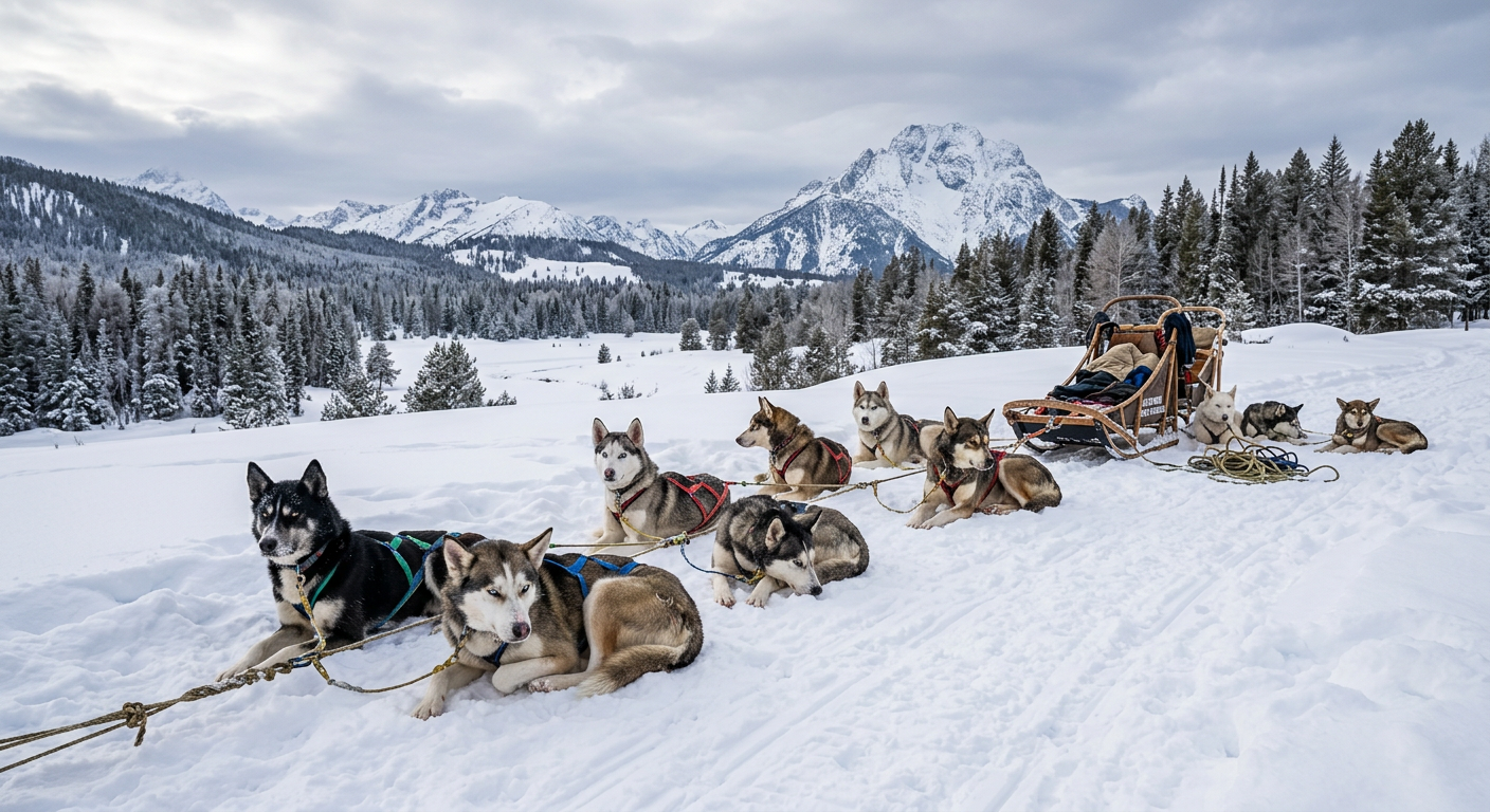 A team of sled dogs resting in the snow under overcast skies in Jackson Hole, Wyoming