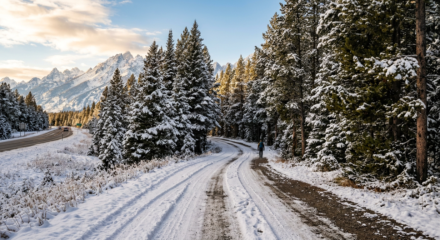 Snow-covered dirt road leading into thick alpine pine forest away from the main highway in Jackson