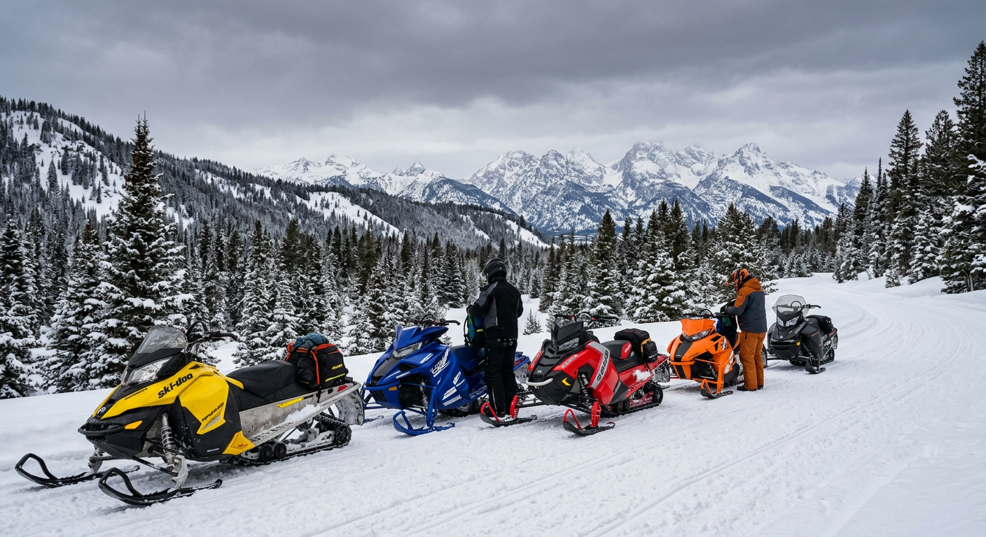 A line of snowmobiles parked on a packed, snow-covered trail in Jackson Wyoming under a gray winter sky