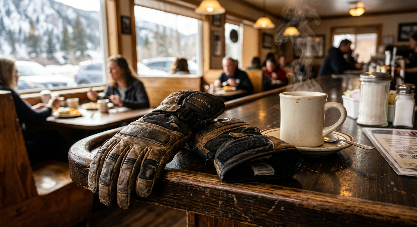A pair of thick winter riding gloves thrown over the edge of a diner counter with a steaming mug of black coffee in the background.