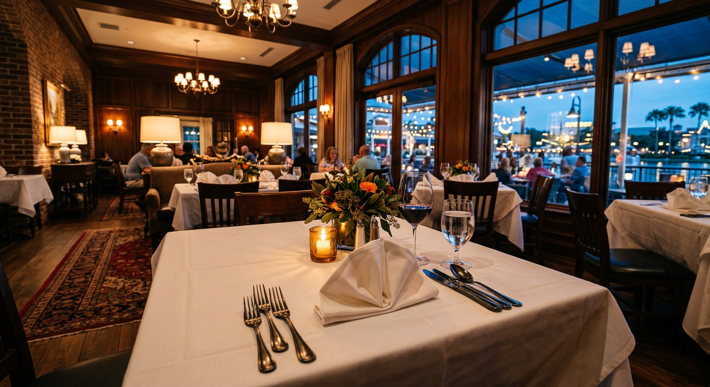 A dimly lit, upscale Orlando restaurant dining room with heavy silverware and starched napkins