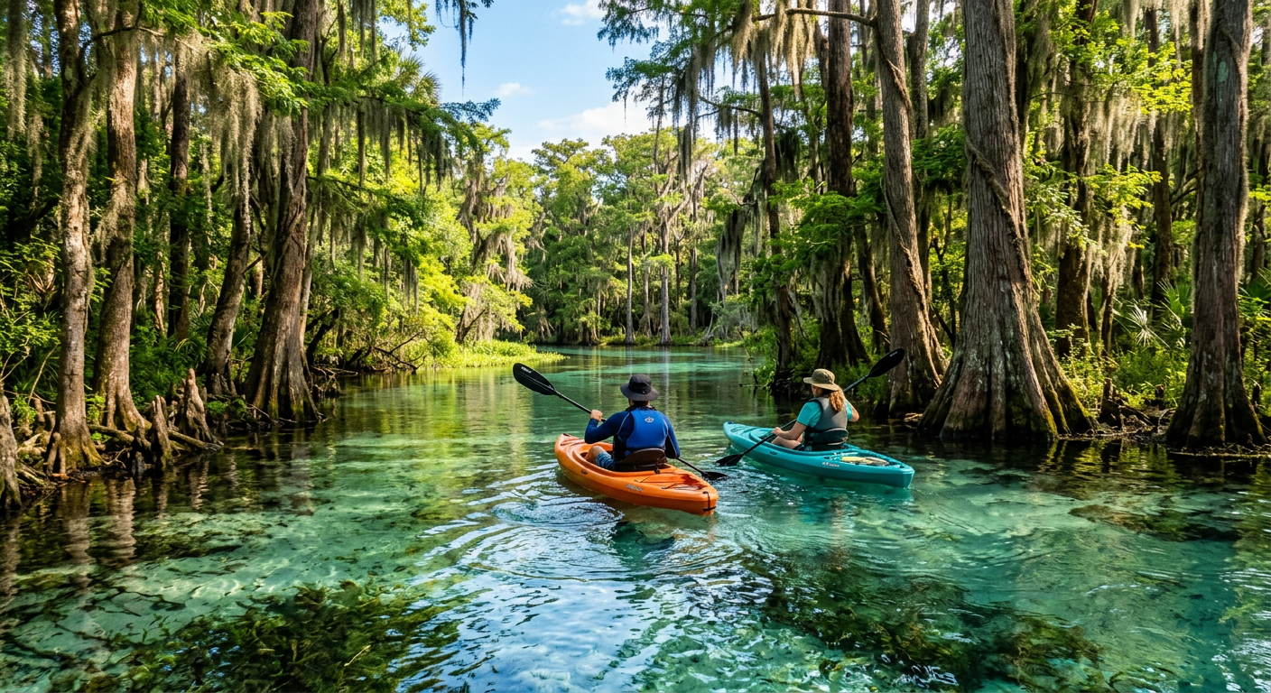 Kayakers paddling through crystal-clear springs surrounded by cypress trees in Central Florida