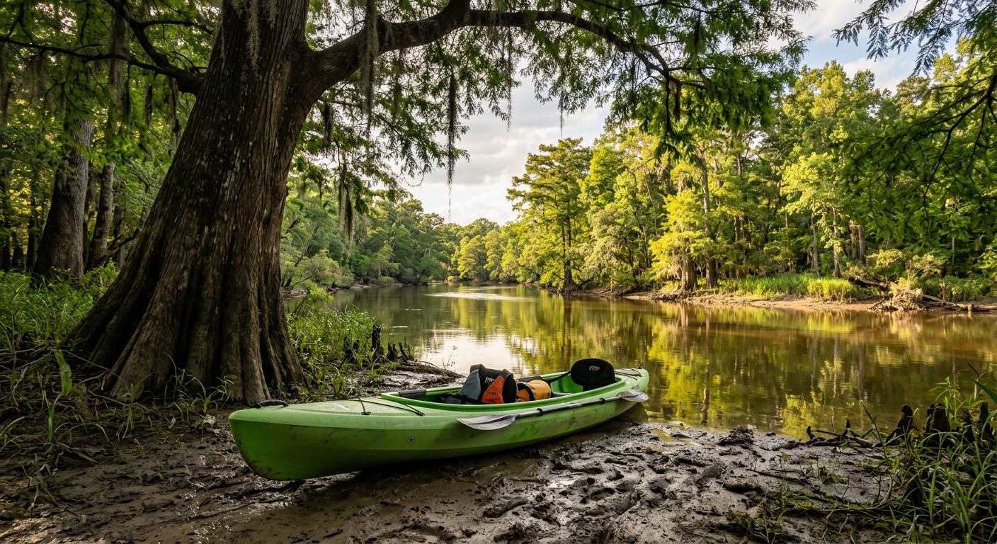 A green kayak resting on a muddy riverbank under the shade of a large cypress tree