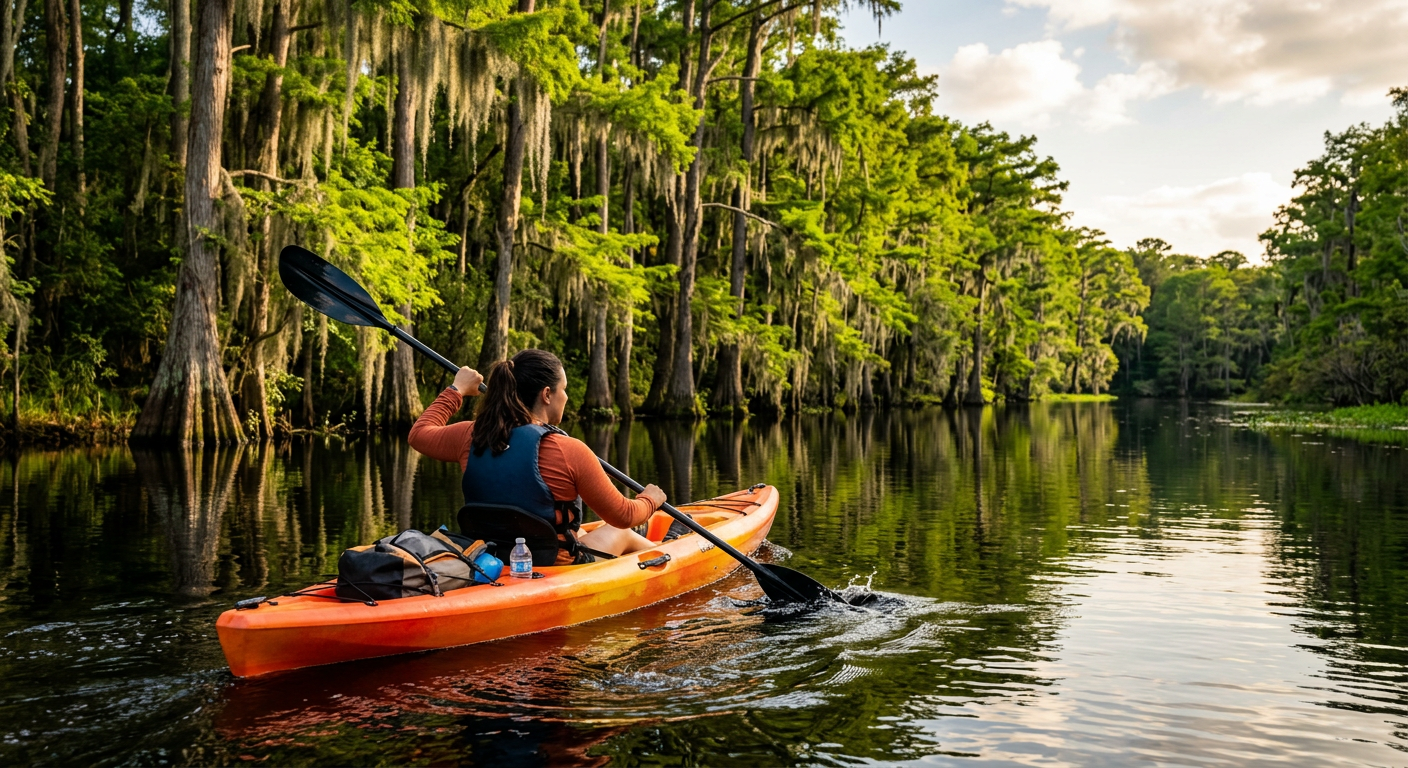 A kayaker pulling a paddle through dark water near a line of green cypress trees in Central Florida