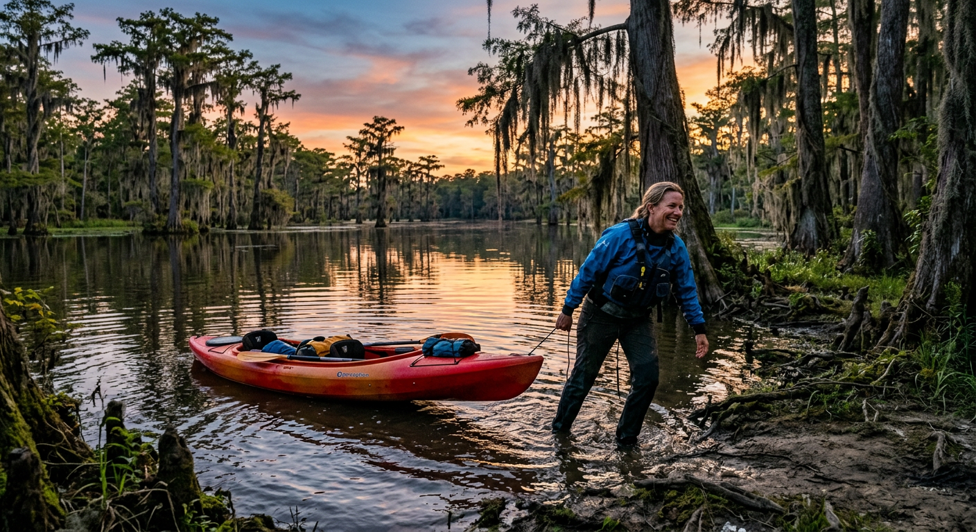 A tired but smiling kayaker pulling a boat out of the water at dusk surrounded by moss-draped cypress trees
