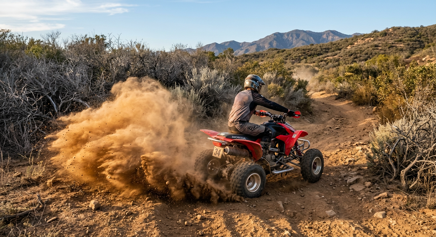 Dust kicking up from a quad tire on a dry dirt trail surrounded by gray scrub brush in Camarillo