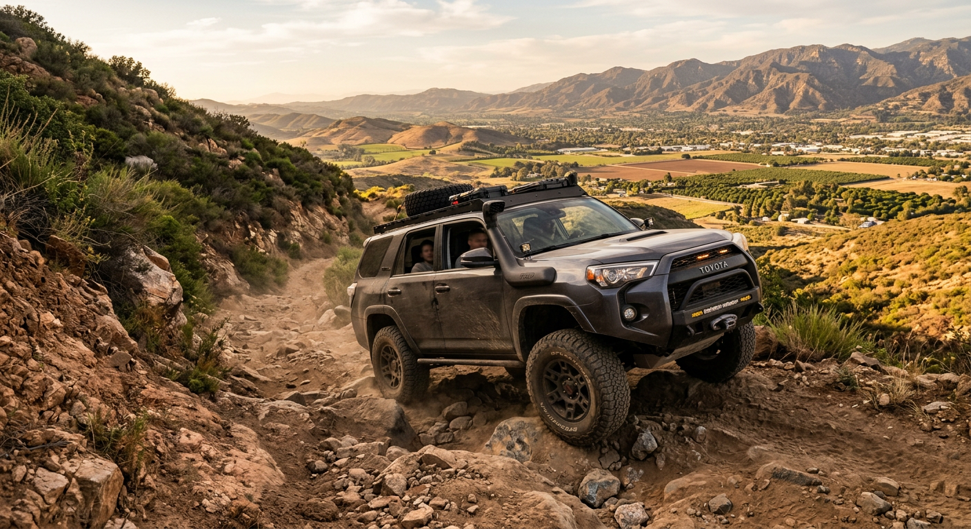 Four-wheel off-road vehicle navigating a steep, rocky dirt embankment in the foothills above Camarillo, California