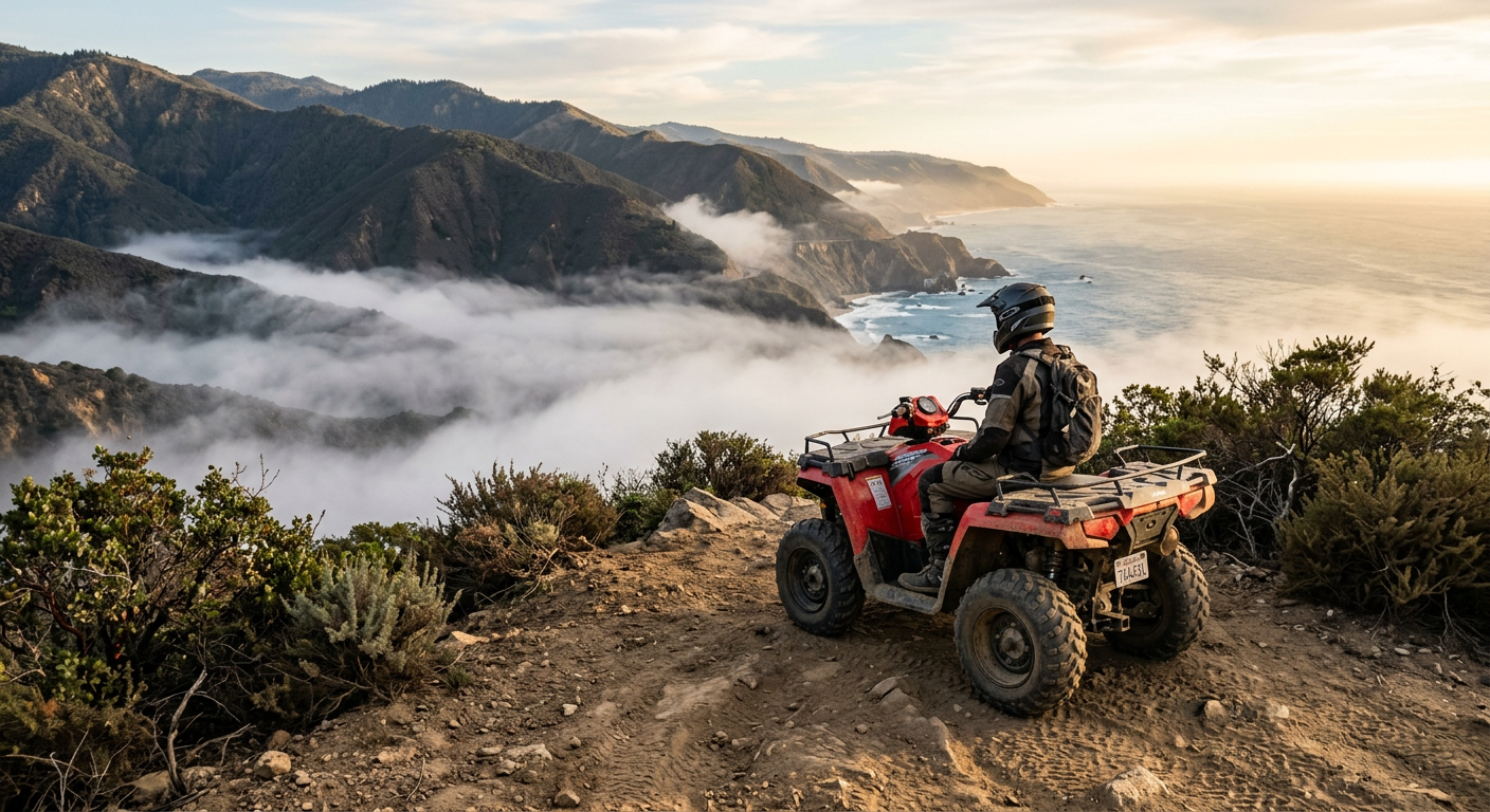 A dusty four-wheeler parked on a ridge overlooking a foggy coastal valley in Southern California