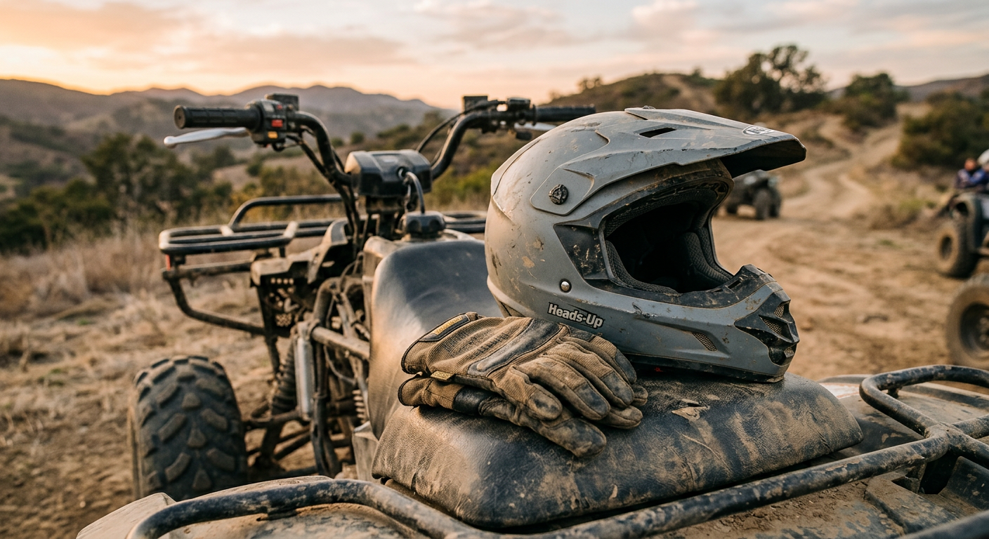 Close-up of a dusty grey ATV helmet and thick canvas riding gloves resting on a dirt-covered vehicle seat in Ventura County