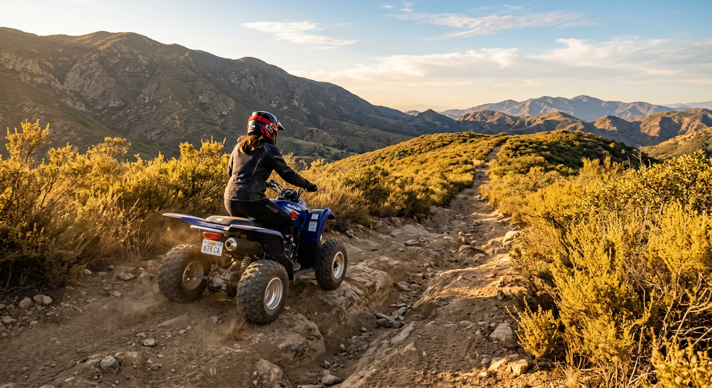 A rider navigating a rocky dirt rut on a four-wheeler through the golden scrub brush of the Santa Monica Mountains near Camarillo