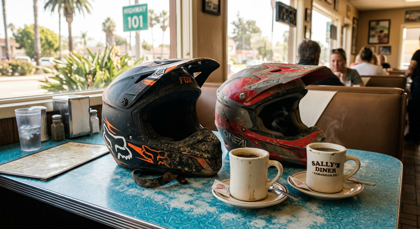 Two dusty ATV helmets sitting on a Formica diner table in Camarillo next to hot mugs of drip coffee