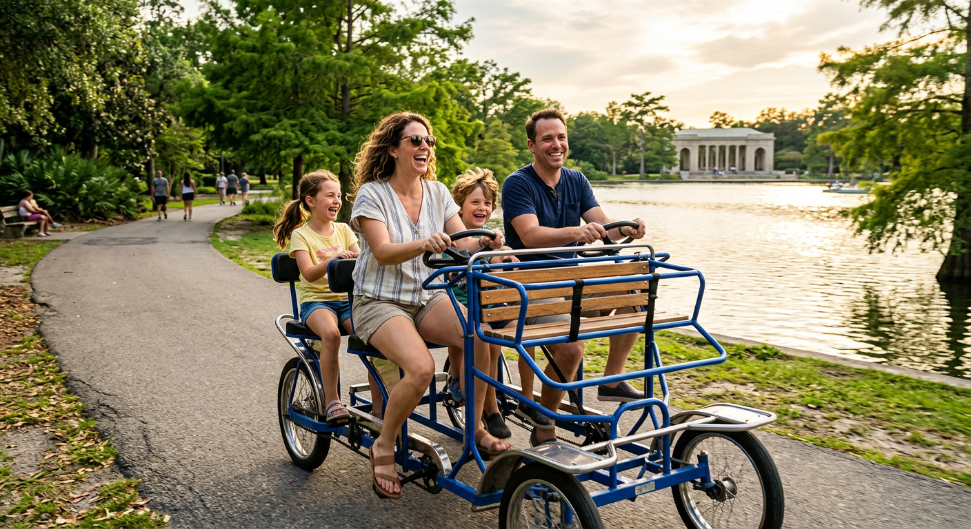 A family laughing while pedaling a large blue surrey cart near Big Lake in City Park