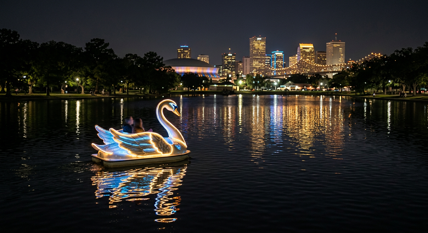 A glowing LED swan boat drifting on a dark lake reflecting city lights in New Orleans