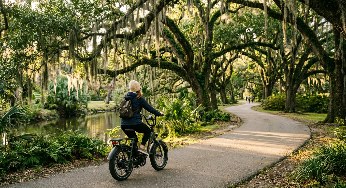 A rider on an electric bike passing under a canopy of live oak trees with Spanish moss in New Orleans City Park