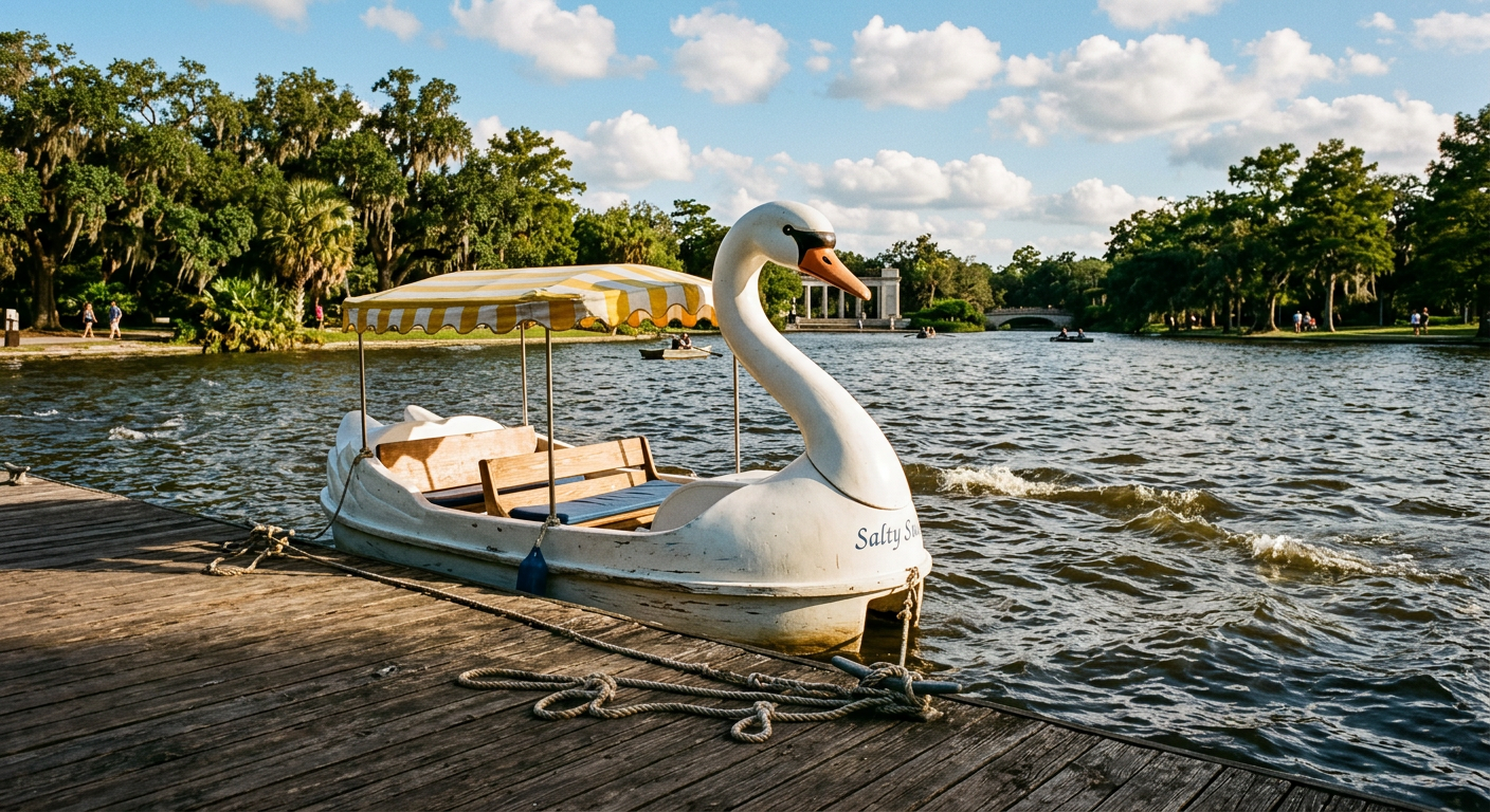 A grounded fiberglass swan boat tied to a wooden dock at City Park in New Orleans as small choppy waves ripple across the lake