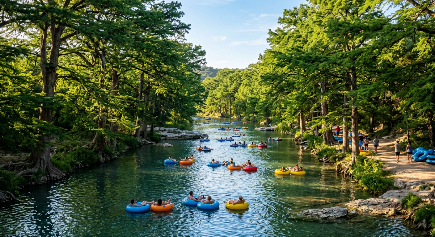 A clear spring river lined with green cypress trees where people float on tubes