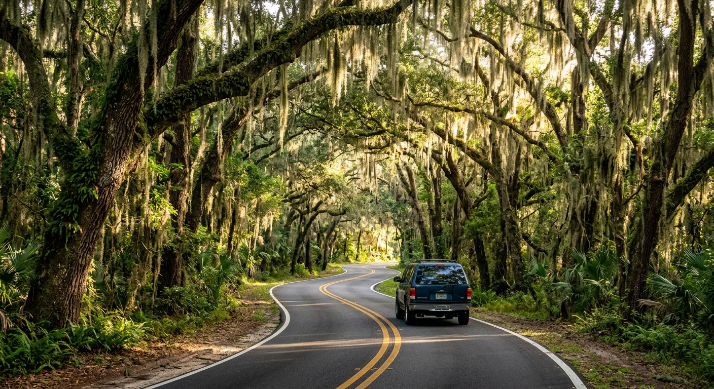 Sunlight filtering through dense, moss-draped oak trees hanging over a two-lane central Florida backroad