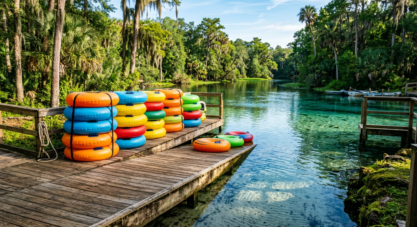 Tubes stacked near the wooden launch ramp at Rainbow Springs on a sunny morning