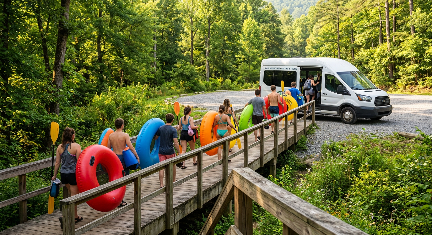 Tubers carrying brightly colored rafts up a wooden boardwalk toward a waiting white transit shuttle surrounded by trees