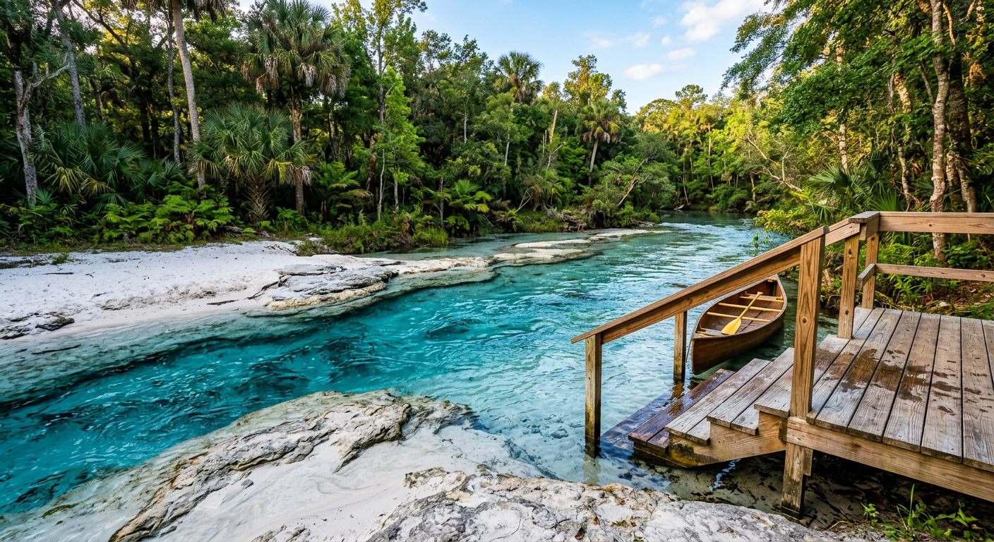 Clear blue spring water flowing over white sand and limestone near a wooden launch platform