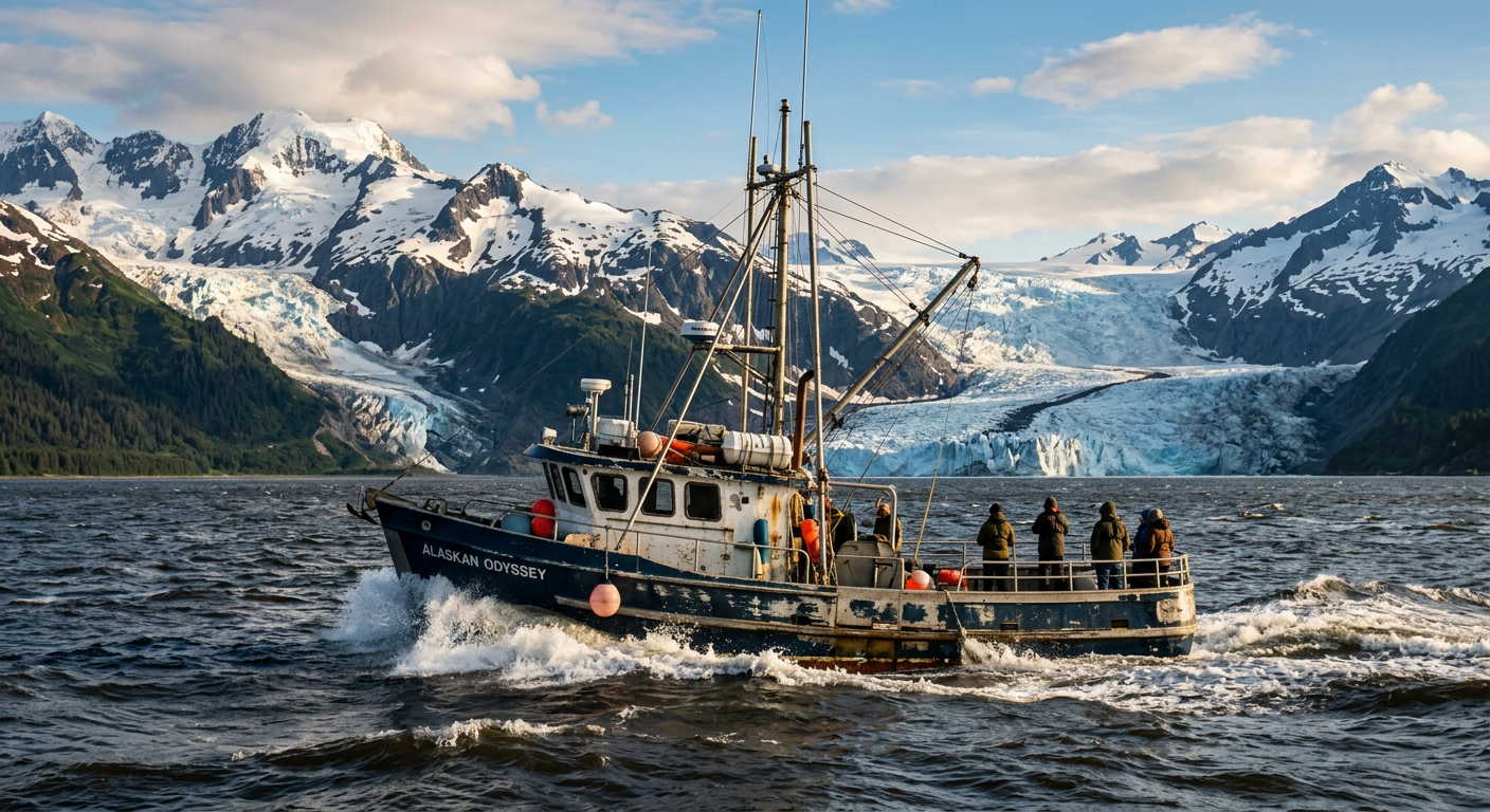A weathered charter boat pushing through dark chops of water in Alaska with glaciers in the background