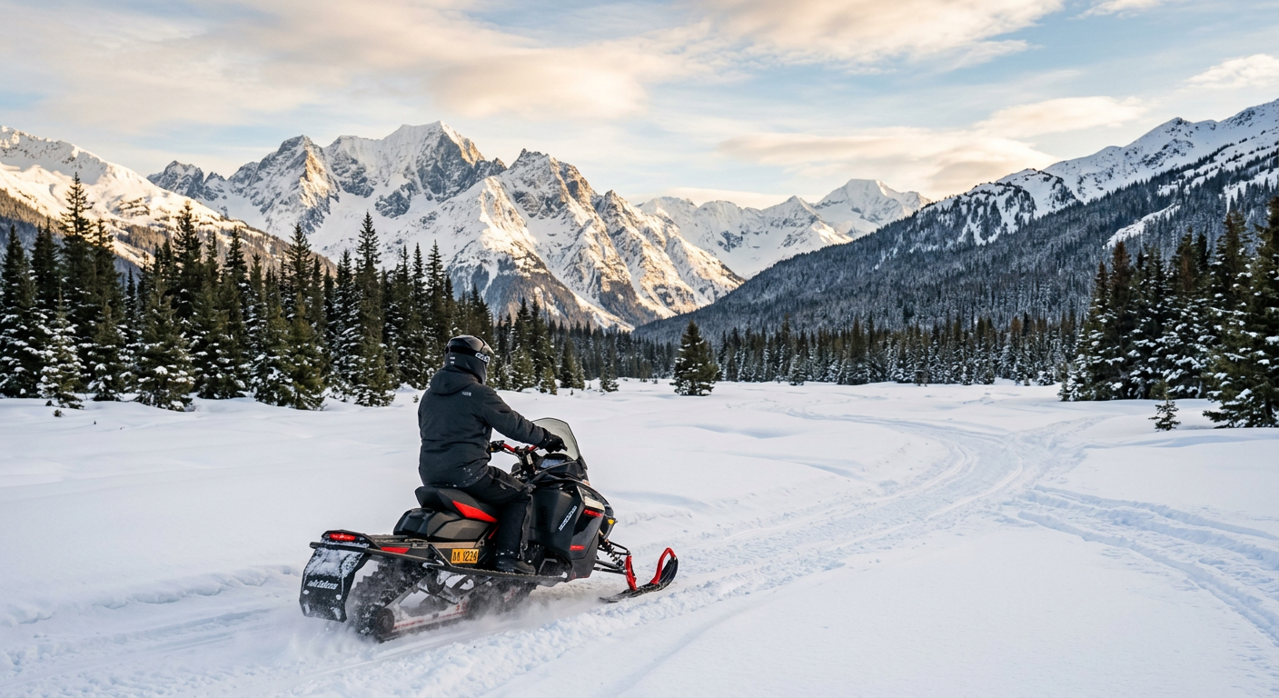A person riding a snowmobile through a wide, snow-covered valley surrounded by dark evergreen trees and jagged peaks in Seward, Alaska