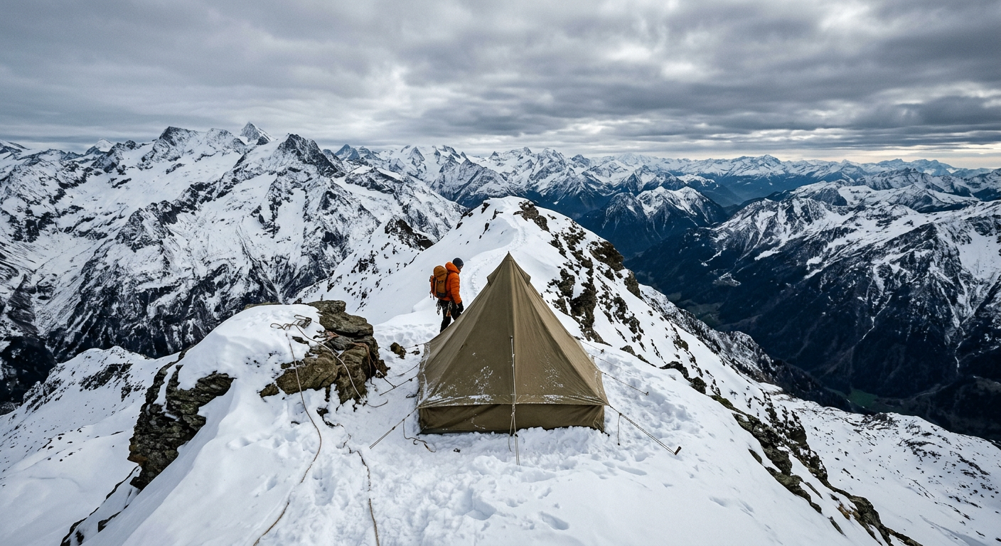 A lonely canvas tent pitched on a steep, snow-covered mountain ridge under a gray afternoon sky