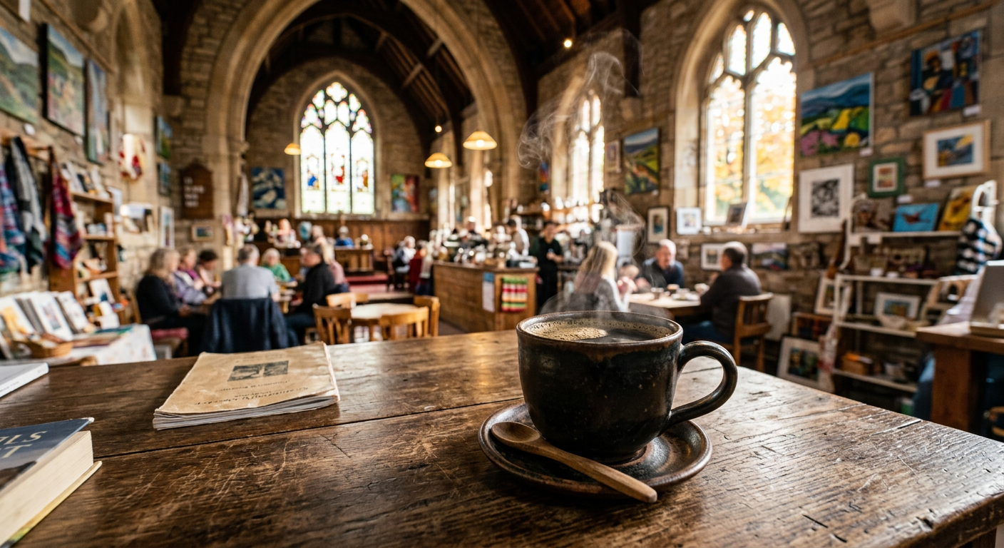 A steaming mug of black coffee sitting on a wooden table inside a cozy, repurposed historic church cafe filled with local art