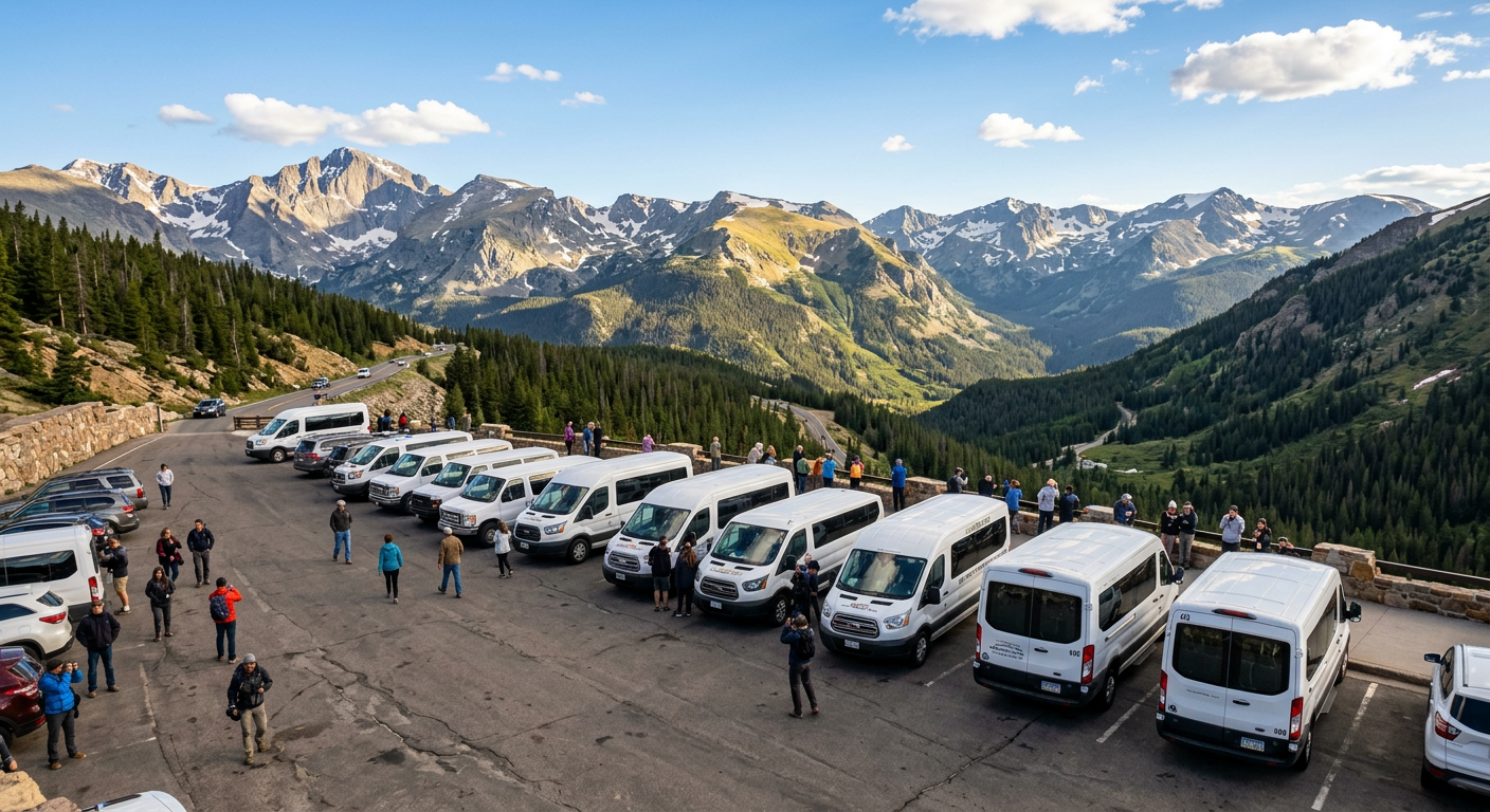 A crowded paved pull-out on a Colorado mountain road with multiple white tourist vans parked together