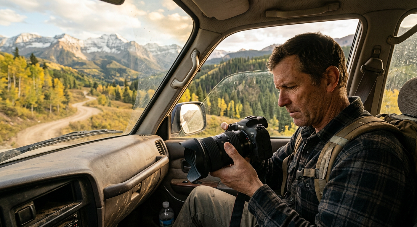 A photographer adjusting a camera lens from the passenger seat of a dusty off-road vehicle in the Colorado mountains