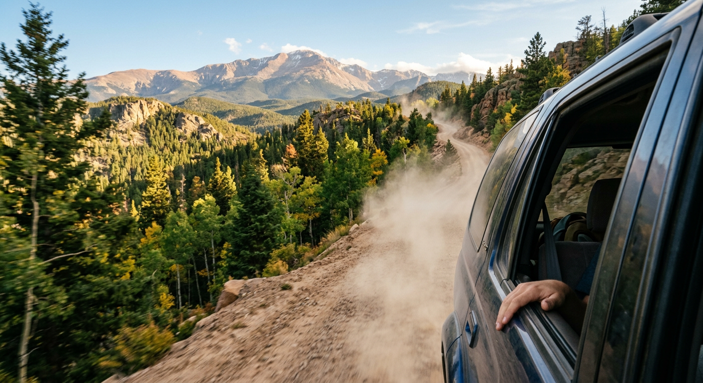 Dust rising behind an open window of a vehicle driving up a dirt mountain road in Colorado Springs
