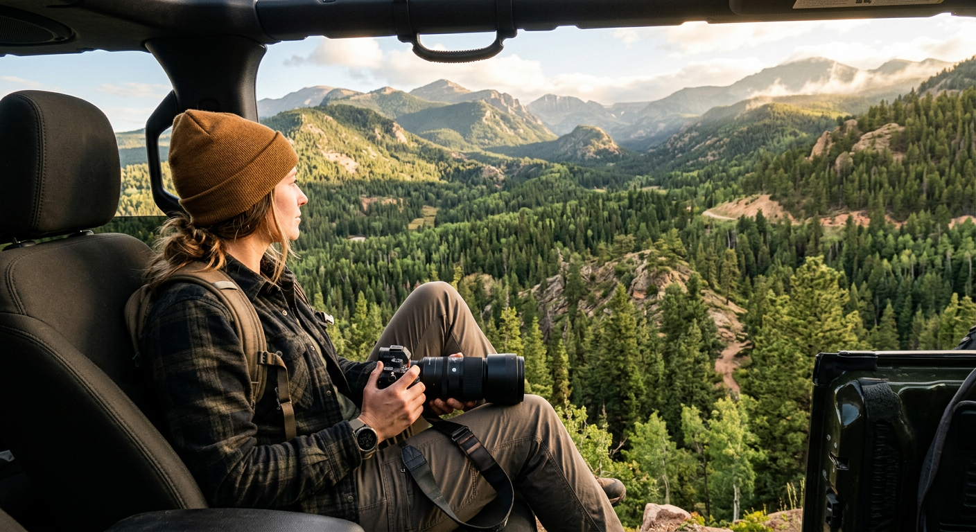 A photographer resting a camera on their lap while sitting in an off-road vehicle staring at a dense pine forest valley in Colorado Springs.