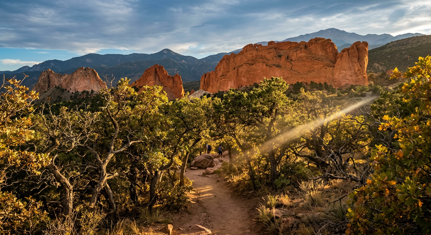 Amber sunlight cutting through scrub oak trees against a backdrop of red rocks in the Colorado Springs foothills
