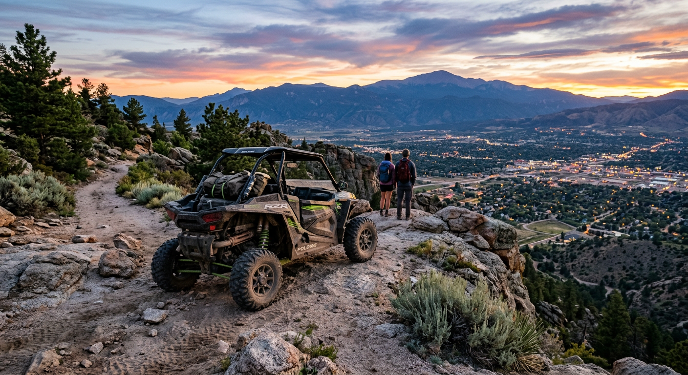 A dusty UTV parked on a granite trail overlooking Colorado Springs at dusk