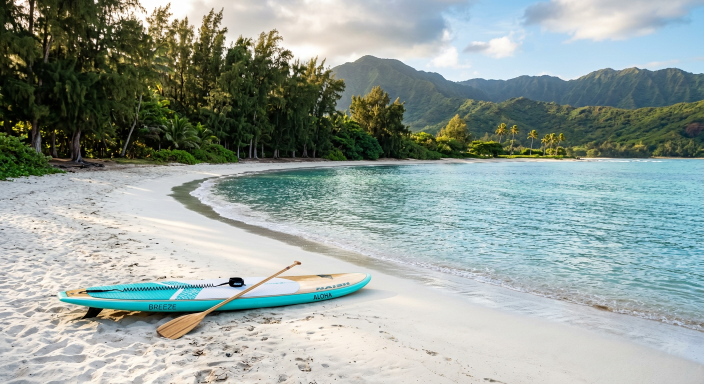 Stand-up paddleboard resting on a secluded crescent of white sand near Kahana Bay fringed by tall ironwood trees
