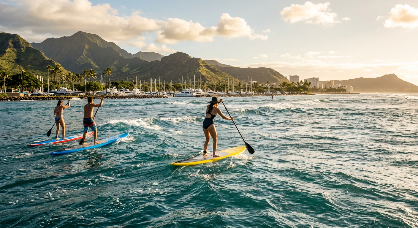 Paddleboarders navigating choppy windswept harbor waters in Oahu