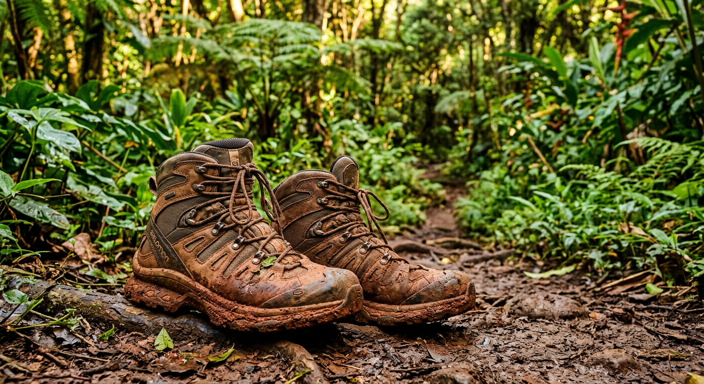 Muddy hiking boots caked in thick red clay on an Oahu jungle trail