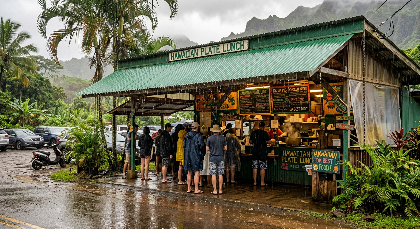 Rain pouring over a roadside plate lunch stand with a green metal roof in Oahu