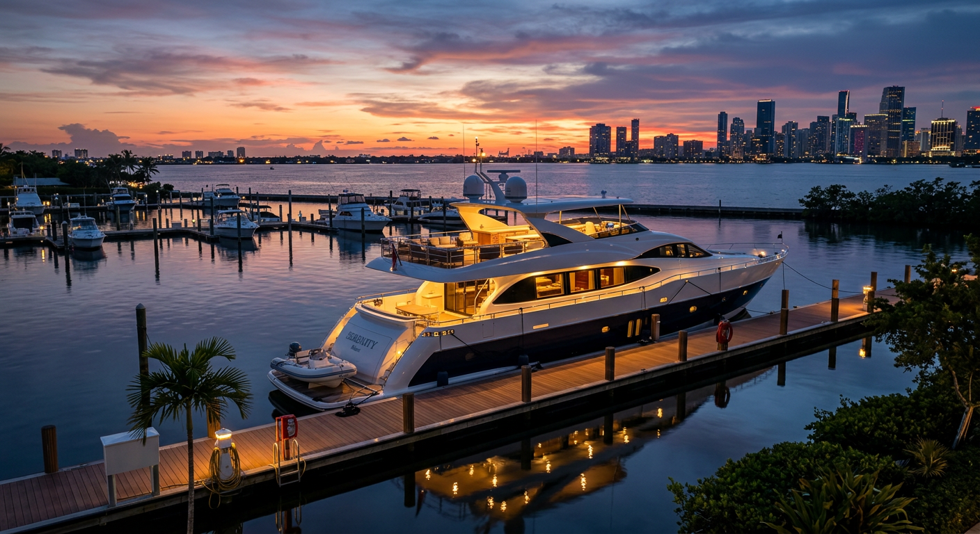 A sleek yacht docked at a quiet Miami Marina at dusk, far from the crowds of South Beach
