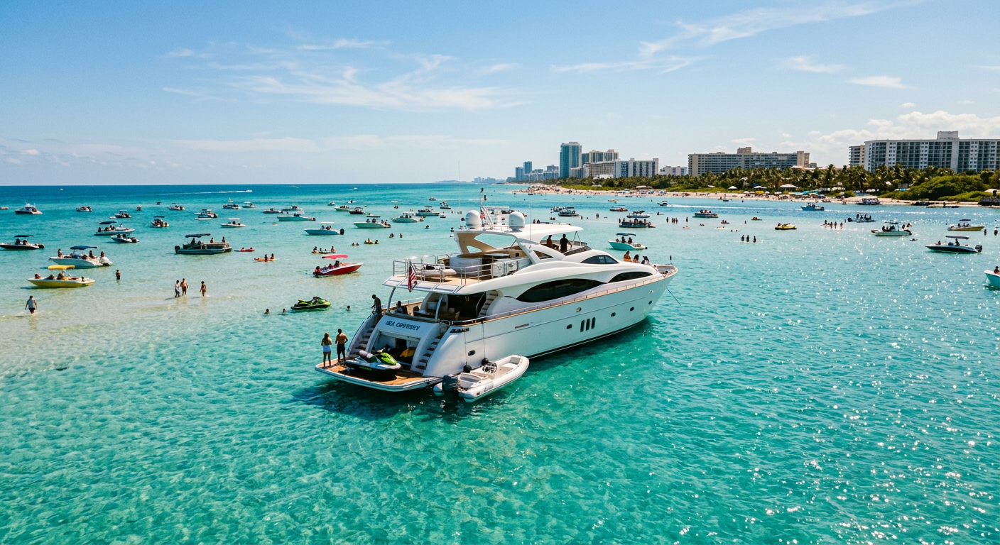 A white private yacht anchored in the shallow turquoise water of Haulover Sandbar in Miami
