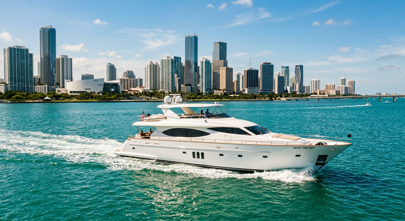 A sleek charter yacht cutting through the turquoise waters of Biscayne Bay with the Miami skyline in the background