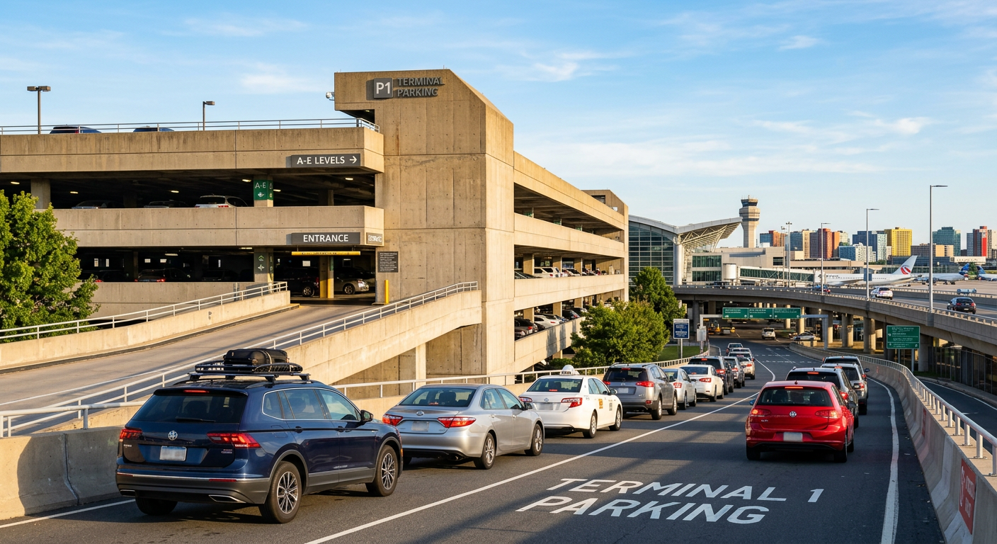 Cars lined up outside a concrete parking garage at an airport under a bright morning sky