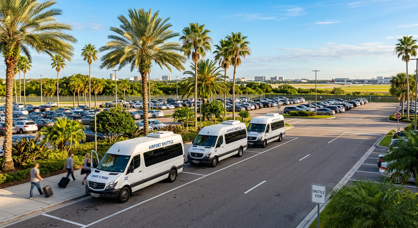 A brightly lit off-site parking lot near Orlando International Airport with white shuttle vans waiting under palm trees
