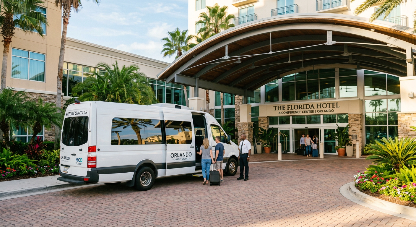 A white airport shuttle bus idling outside a modern hotel entrance in Orlando under morning light