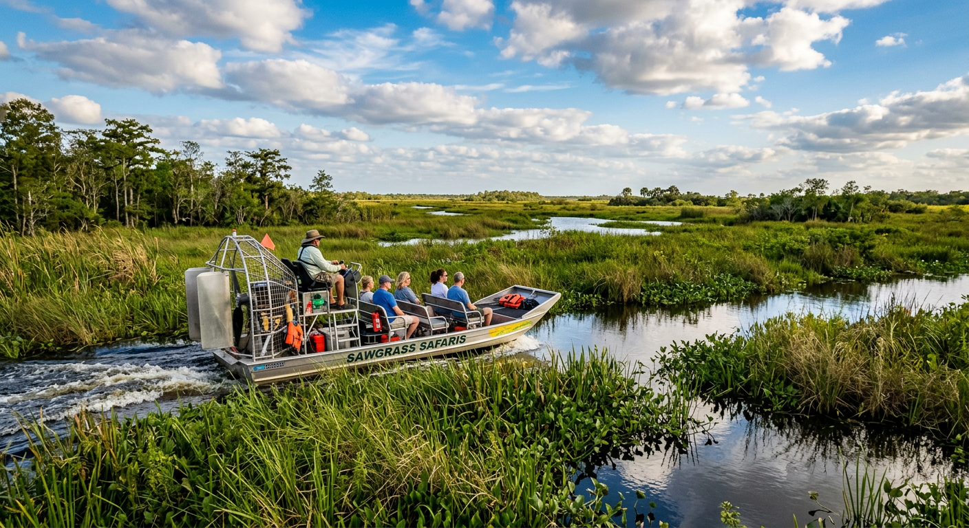 An airboat pushing through dense green marshland vegetation under a blue Florida sky