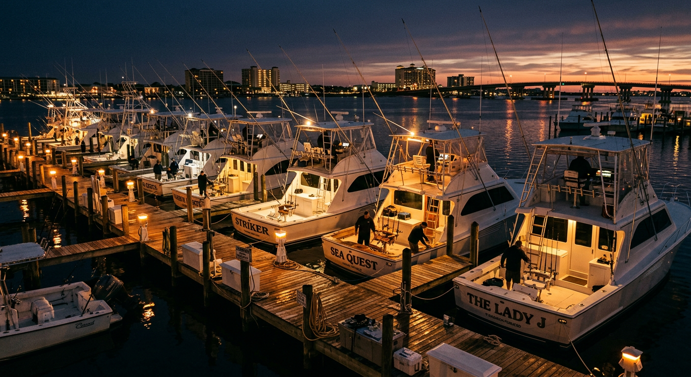 Fishing charter boats idling at the Destin harbor docks in early morning darkness